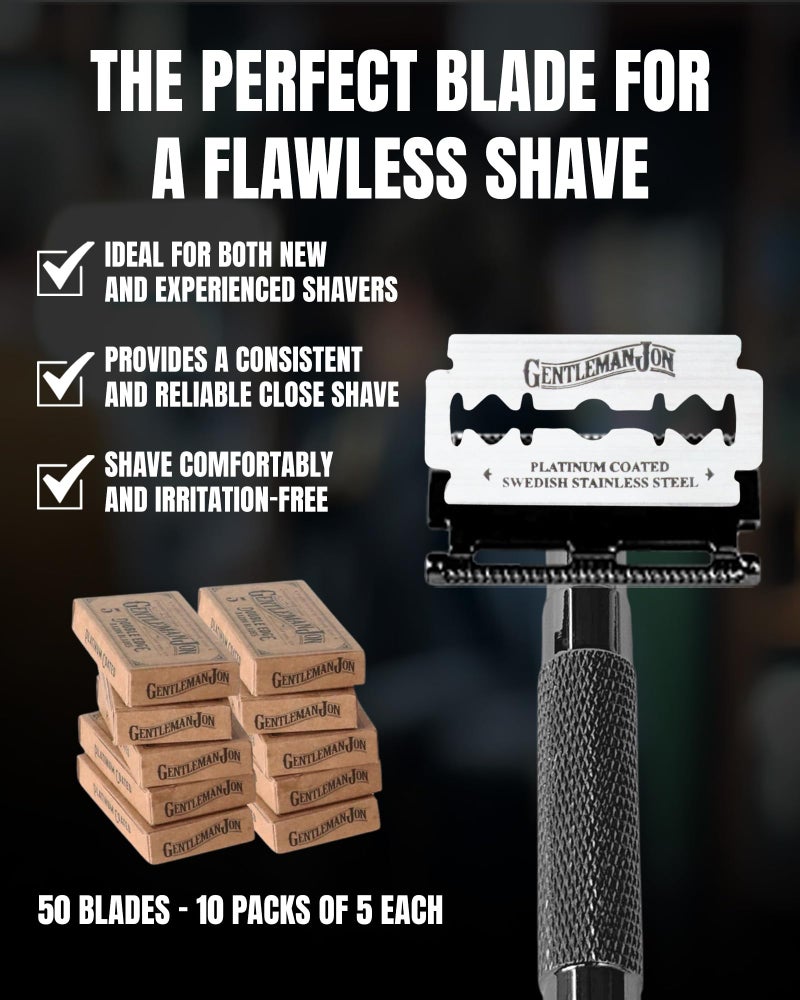 Gentleman Jon 50-Pack Platinum Double Edge Razor Blades - Premium Swedish Stainless Steel Safety Razor Blades - Platinum Coated Blade For Smooth and Comfortable Shaves - Fits Most Men's Safety Razors - Image 2